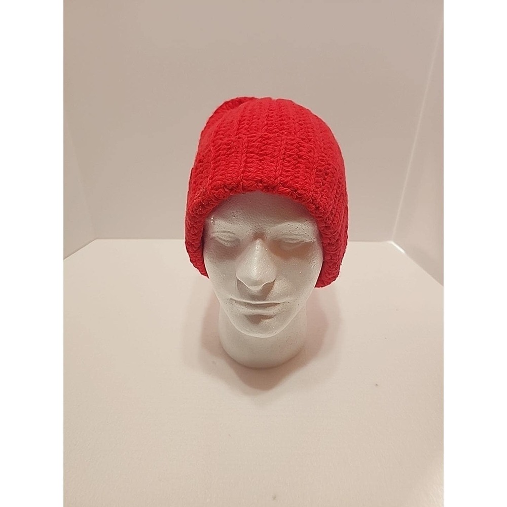 Handmade Red Crochet Beanie Ribbed Knit Winter Skull Cap Hat Mens